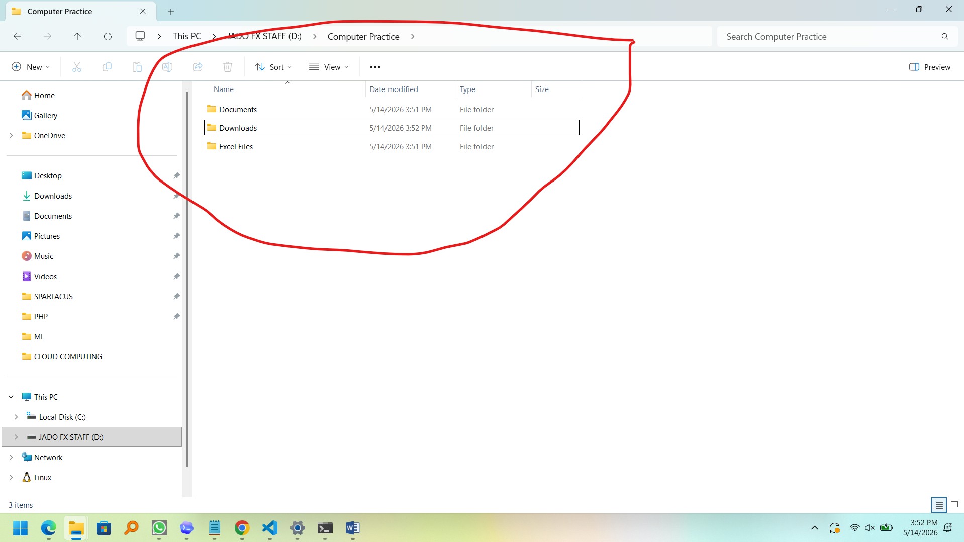 Example of computer practice folder with Documents, Excel Files, and Downloads folders