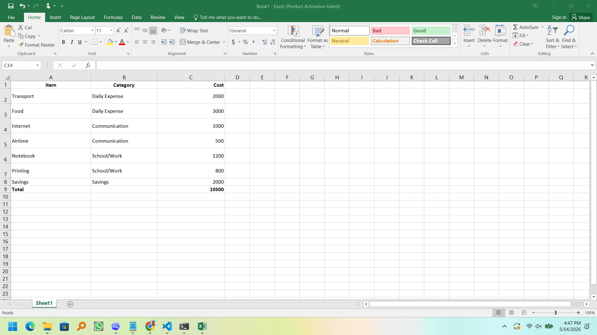 Simple Excel budget table with item and cost columns